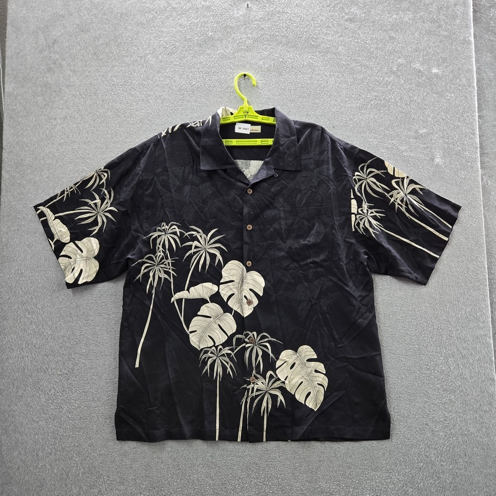 Tommy Bahama Men Button Up Shirt L‎ Black Embroidered Floral Palm Trees Hawaiian